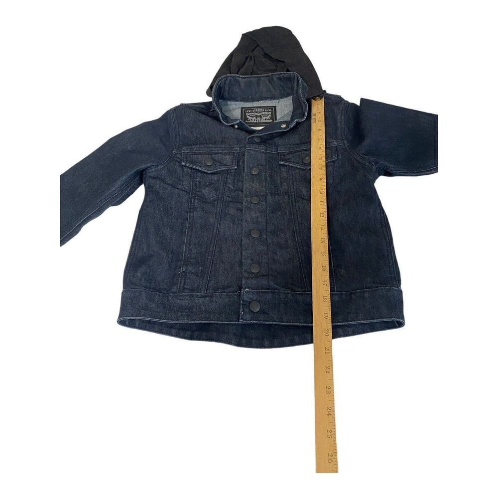 Levis Trucker Jacket with Hide -a- Way Hoodie Size L Dark Blue Logo Snaps Women - Picture 7 of 12